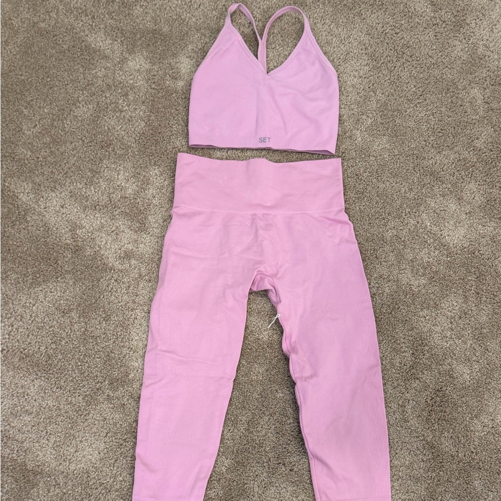 SET Active Pink Ribbed Workout Leggings & Crop Top Set